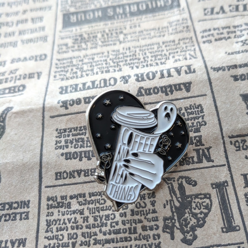 Coffee and Dead things Goth lapel pin brooch